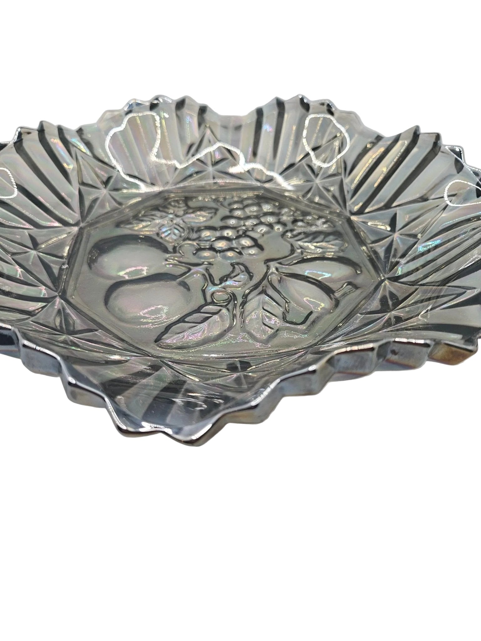 Vintage Grey Carnival Glass Bowl With Fluted Edges &amp; Raised Fruit