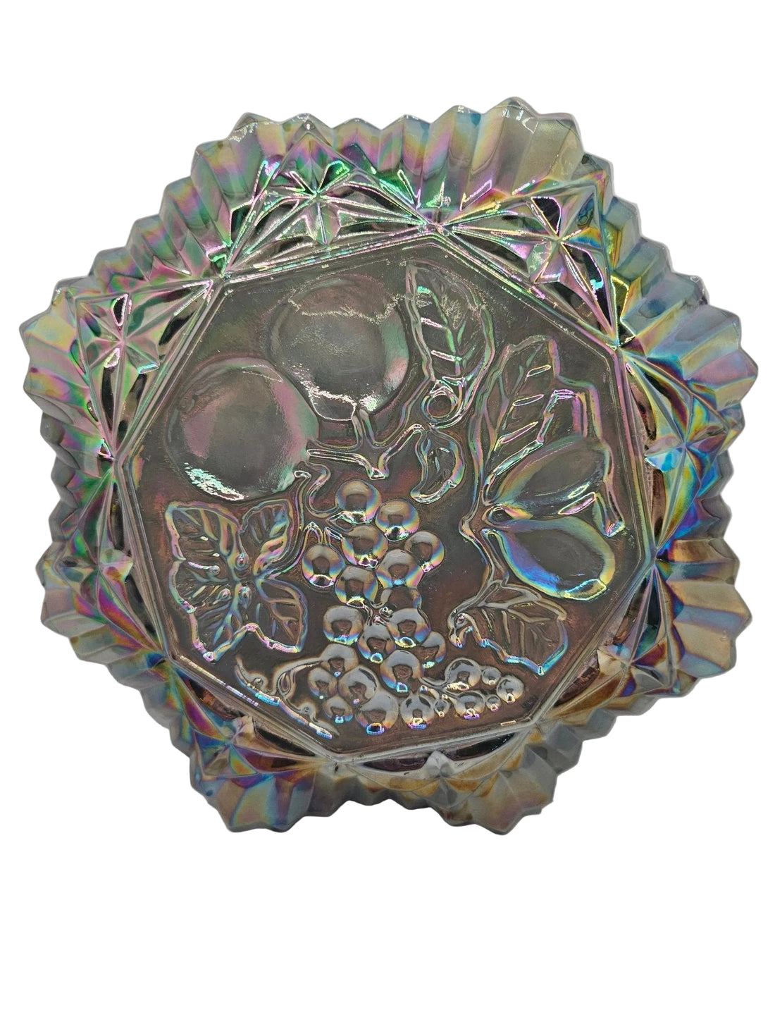 Vintage Grey Carnival Glass Bowl With Fluted Edges &amp; Raised Fruit