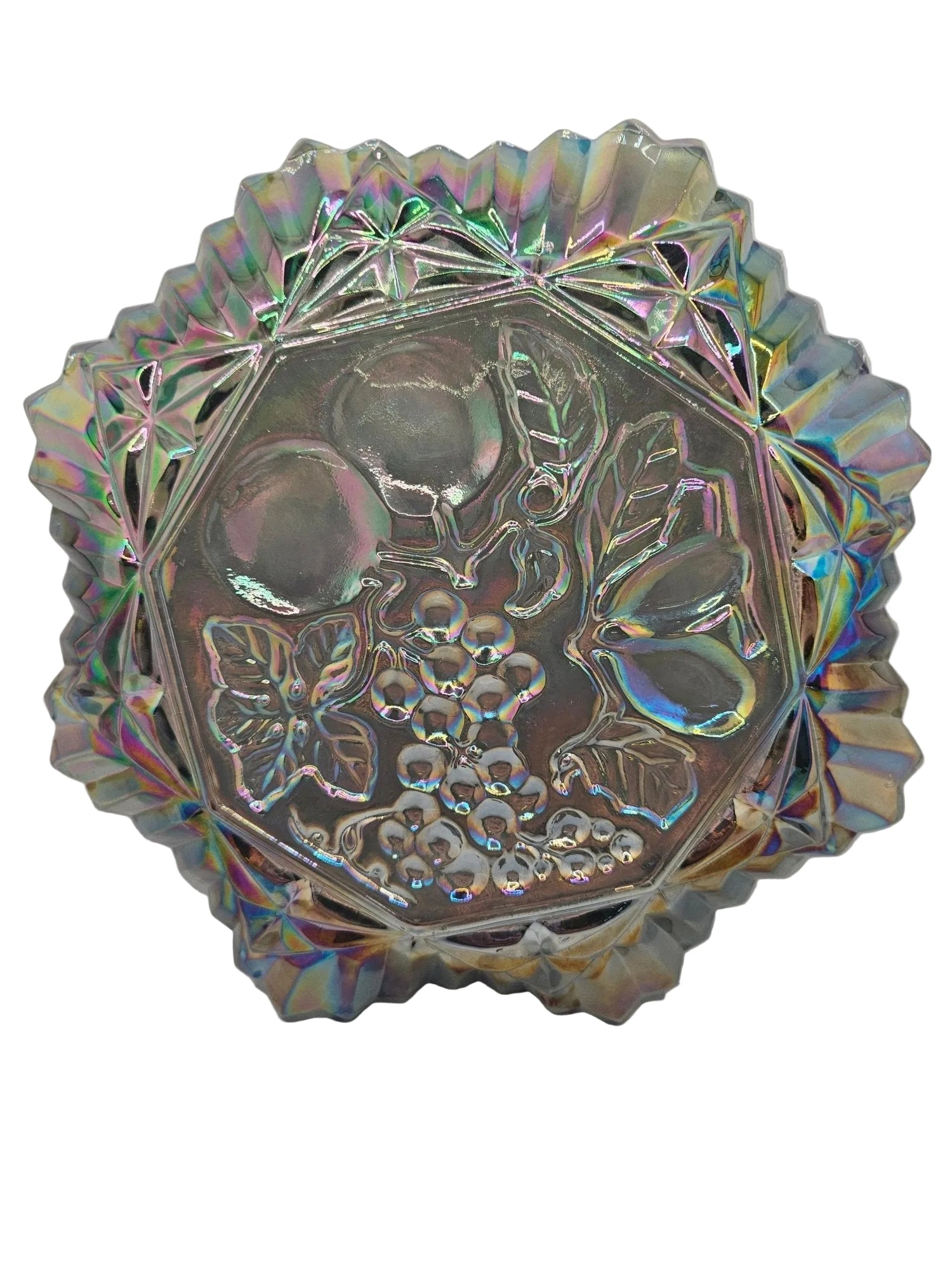 Vintage Grey Carnival Glass Bowl With Fluted Edges &amp; Raised Fruit