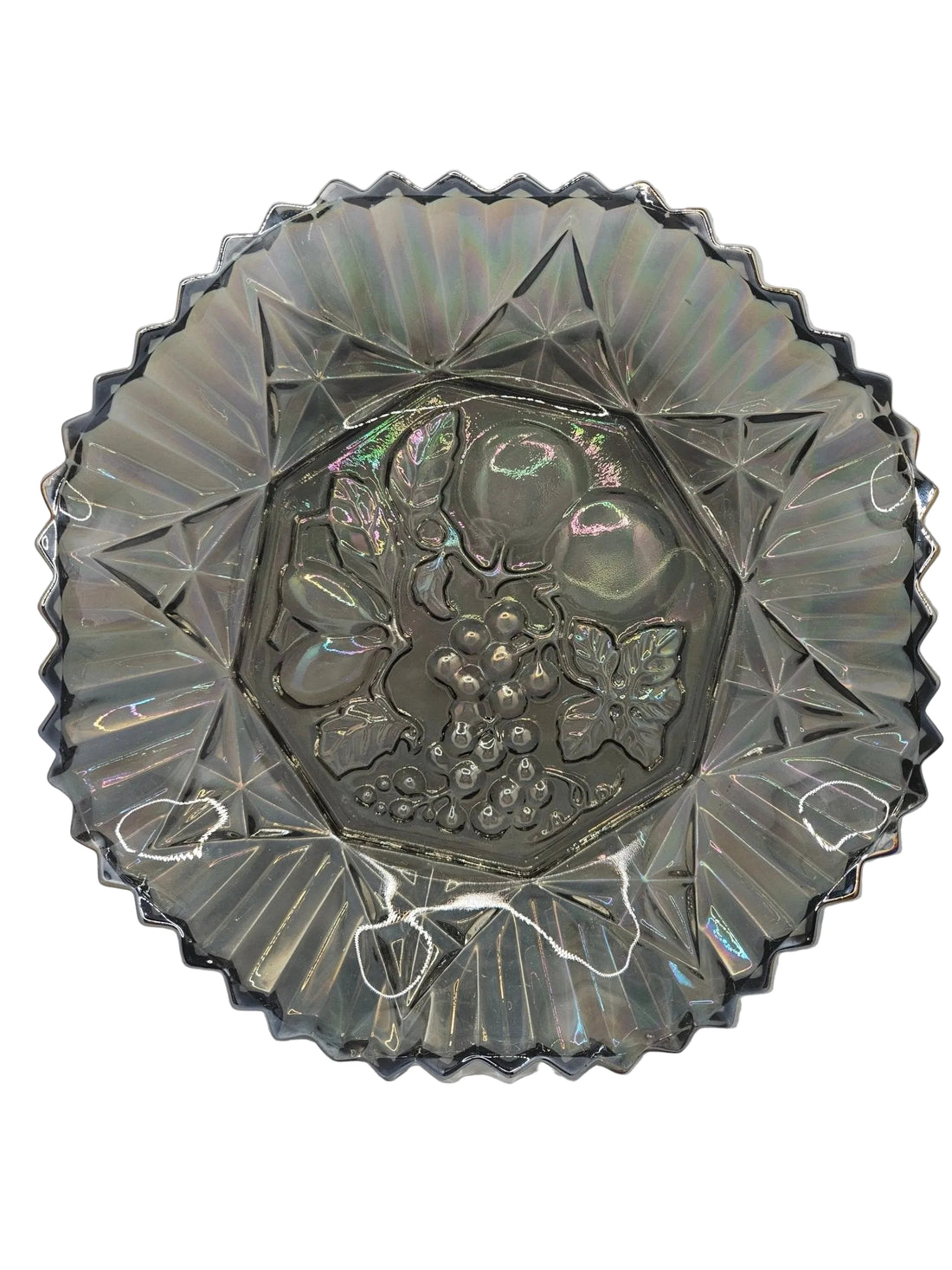 Vintage Grey Carnival Glass Bowl With Fluted Edges &amp; Raised Fruit