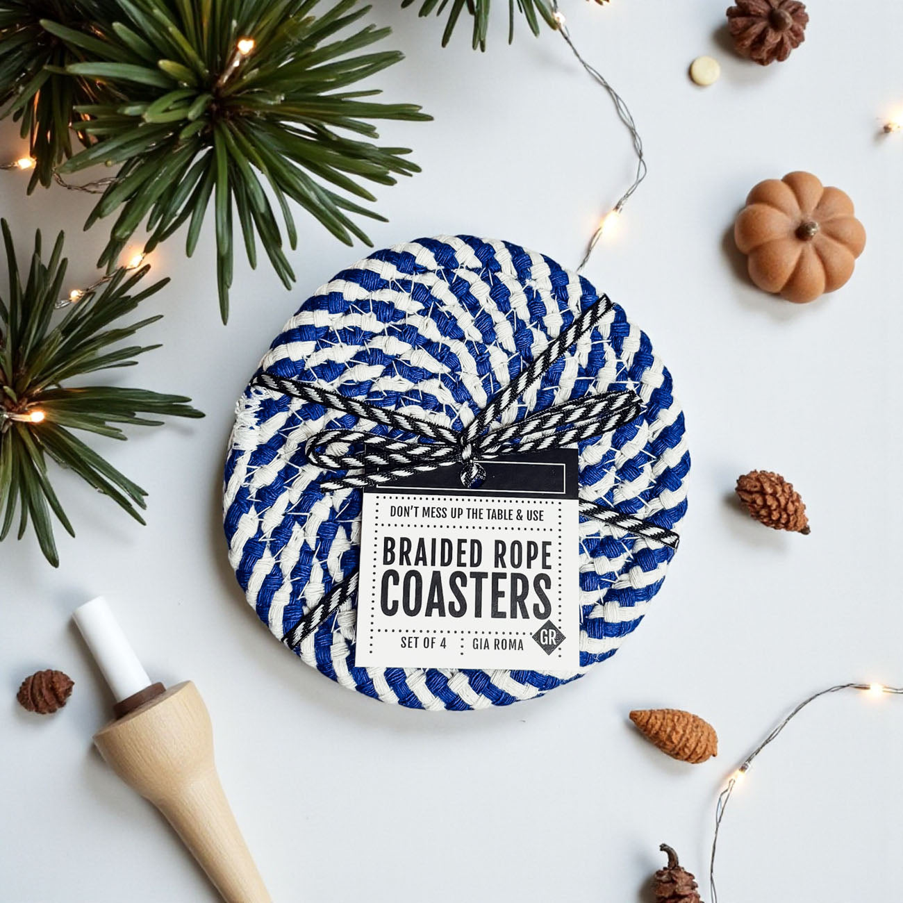 Blue and White Braided Coasters - Set of 4