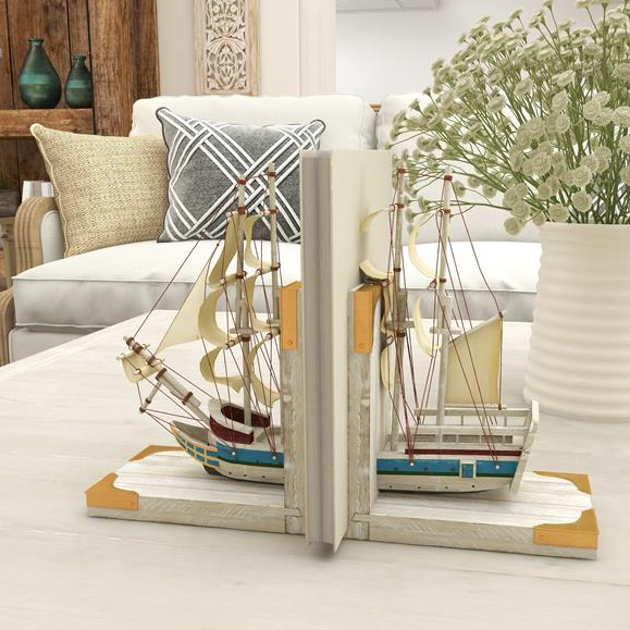 White Wood Sail Boat Bookends