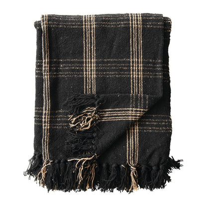 Woven Cotton Blend Throw Blanket with Fringe, Black &amp; Tan Plaid