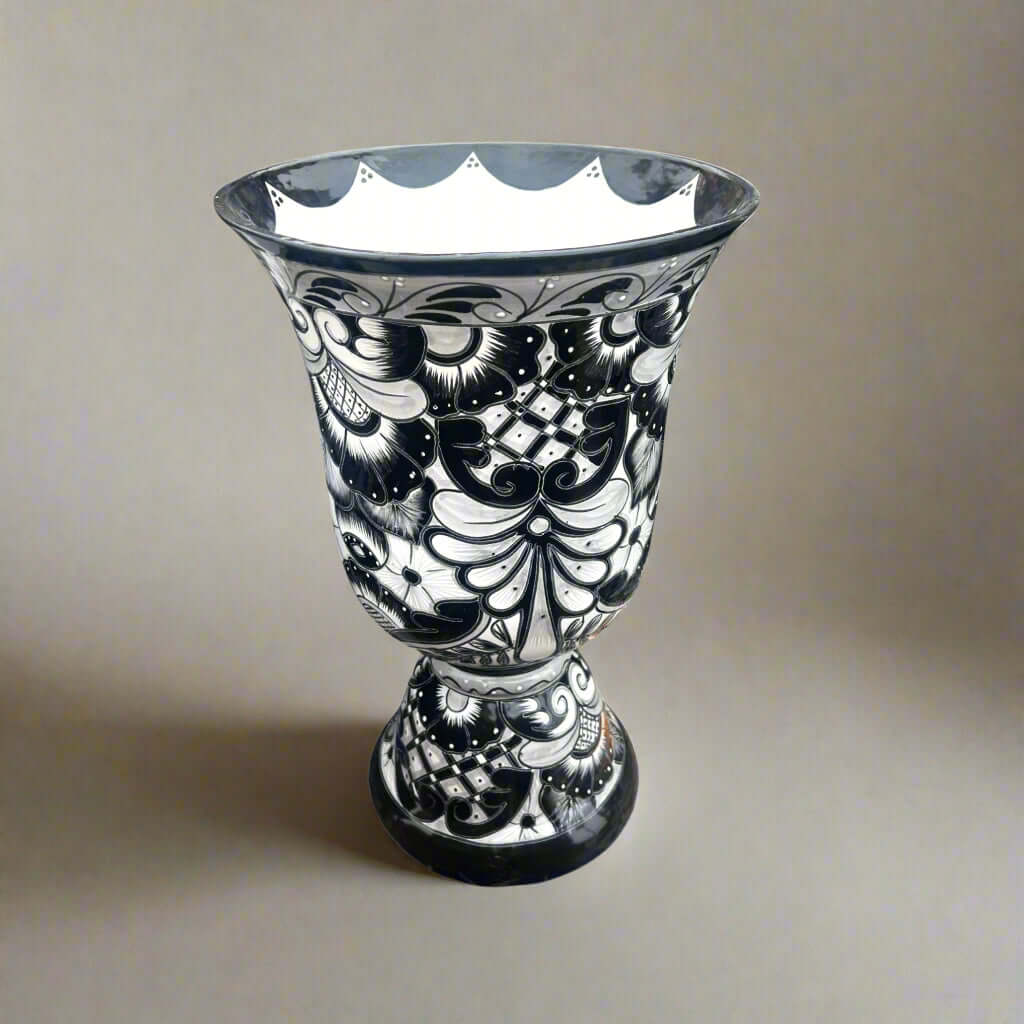 XL Black Talavera Planter | Hand-Painted Pedestal Flower Pot