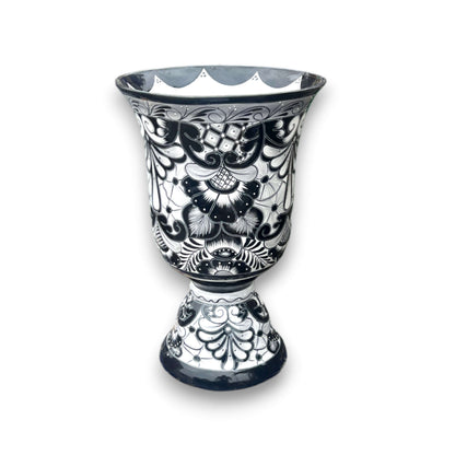 XL Black Talavera Planter | Hand-Painted Pedestal Flower Pot